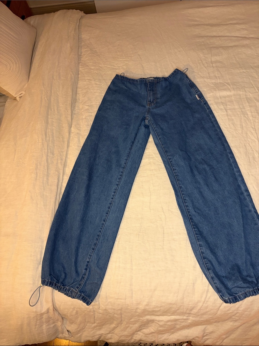 Relaxed Boyfriend Jeans with Drawstring Hem - Blue Denim